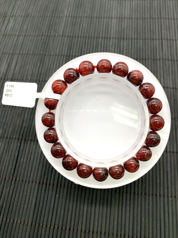 Red Rutile Round Bracelet • 9 mm Size • Code #B10 • AA Quality • Natural Rutilated Quartz Bracelet