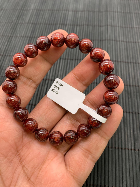 Red Rutile Round Bracelet • 9 mm Size • Code #B13 • AA Quality • Natural Rutilated Quartz Bracelet