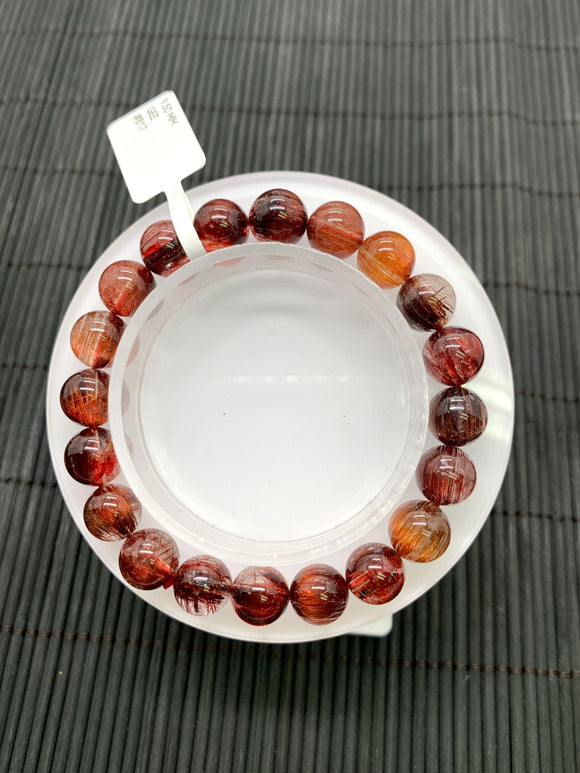 Red Rutile Round Bracelet • 9.50 mm Size • Code #B17 • AA Quality • Natural Rutilated Quartz Bracelet