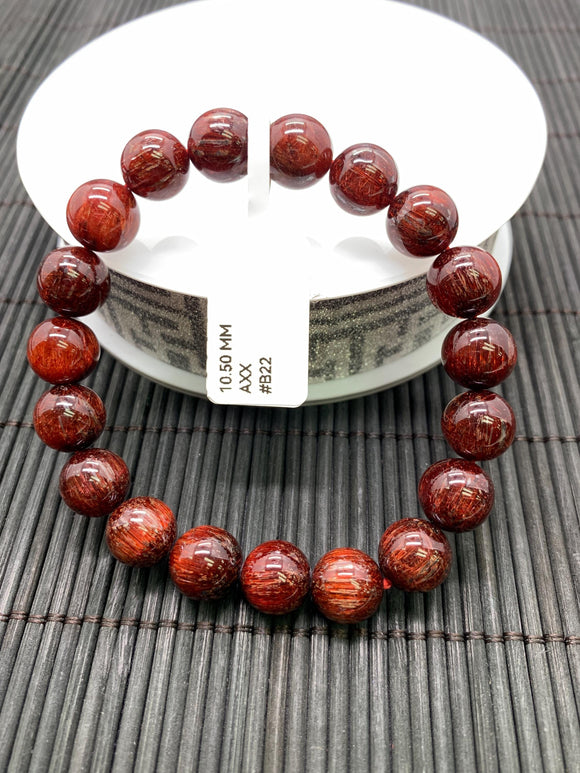 Red Rutile Round Bracelet • 10.50 mm Size • Code #B22 • AA Quality • Natural Rutilated Quartz Bracelet