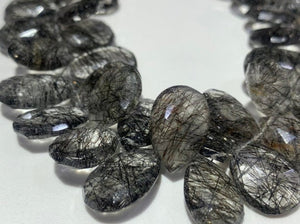 4 Inch Strand, Black Rutilated quartz  Faceted Pear Beads - 10x14mm size - Black Rutilated Quartz, Black Rutile Briolettes -Fine Quality