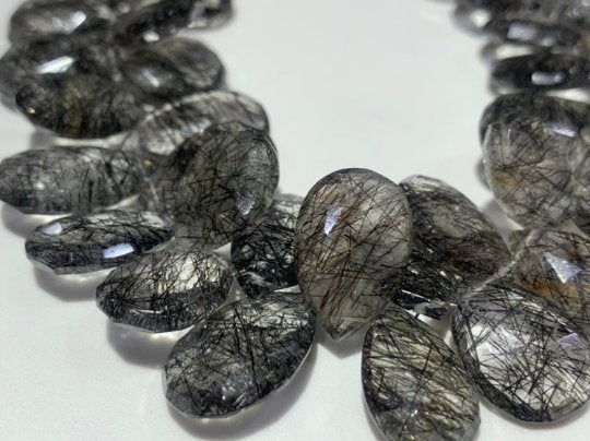 4 Inch Strand, Black Rutilated quartz  Faceted Pear Beads - 10x16 mm size - Black Rutilated Quartz, Black Rutile Briolettes -Fine Quality