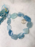 Extra Big Aquamarine Flat Faceted Nuggets,Faceted tumble shape,Size 25X35 Approx Length of strand 16",blue Aquamarine tumble, origin Brazil