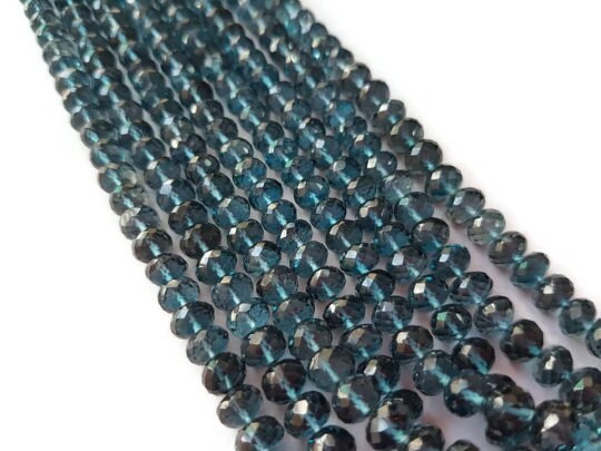 Blue Topaz Faceted Roundel 5-7MM , Top Quality, London Blue topaz Briolette , 118 carat weight per strand,length 15 Inch