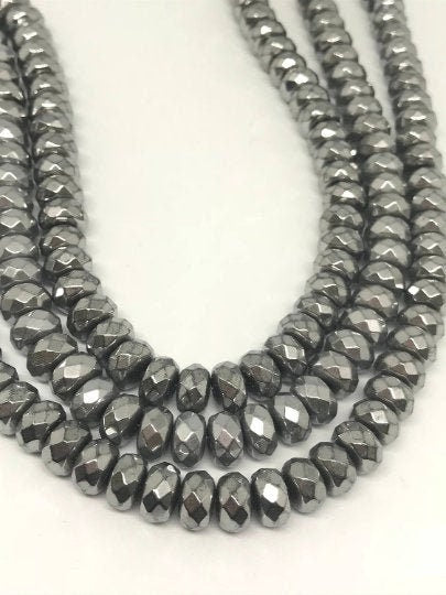 10MM Hematite Faceted Roundel Silver Coating, AAA Quality ,Natural hematite beads 16 Inch Length