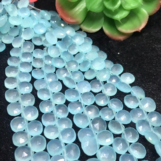 Chalcedony 10M Faceted Heart Briolettes , Peru chalcedony Pear shape, Aqua chalcedony , length 8 Inch.