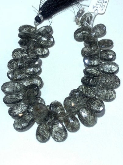 8 Inch Strand, Black Rutile Faceted Pear Beads - 10x16 mm size - Black Rutilated Quartz, Black Rutile Briolettes -Fine Quality