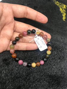 8MM Multi Tourmaline Smooth Round beads. AA quality Bracelet . Natural Multi Tourmaline length 7.5" code #70 weight 16.9gm