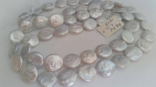 14MM FreshWater Pearl Coin , Natural White Pearl , Length 15.5 inch Pearl Coin Bracelet ,Flat Coin Top Quality