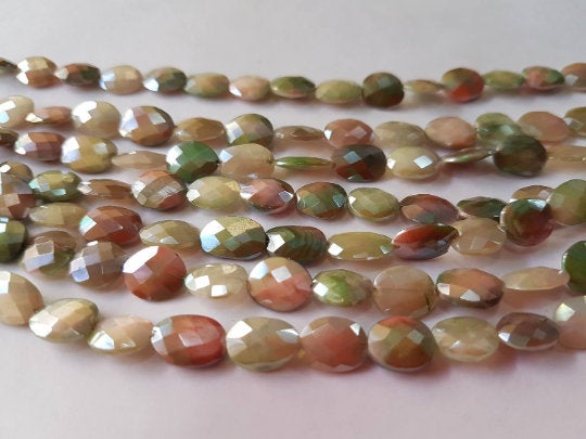 Green Moonstone Coated faceted Irregular Oval Shape - Length 8 Inches , Flat Oval shape 7X9 MM, thickness 2.5mm Moonstone coating