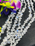 Moonstone 6MM Faceted Heart Shape briolette ,Good quality stones with Blue Fire . Length 8 Inch ,AAA Grade, Mine from India