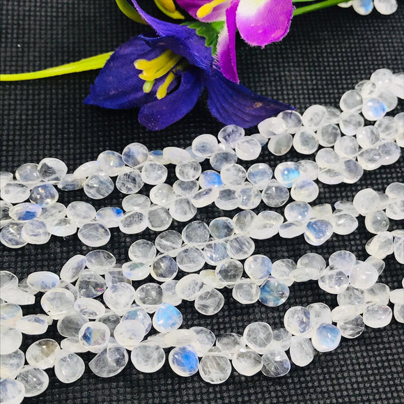 Moonstone 8MM Faceted Heart Shape briolette ,Good quality stones with Blue Fire . Length 8 Inch ,AAA Grade, Mine from India