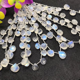 Moonstone 10MM Faceted Heart Shape briolette ,Good quality stones with Blue Fire . Length 8 Inch ,AAA Grade, Mine from India