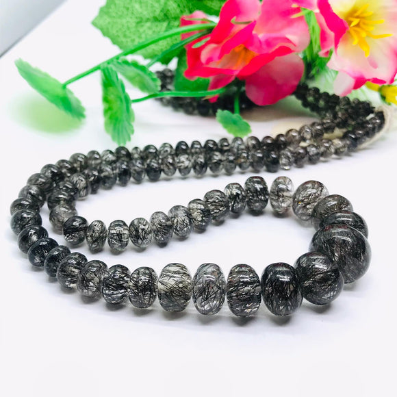 Black Rutilated quartz Roundel Beads - 6-12mm size - Black Rutilated Quartz, 33GM ,code #6 , length 16