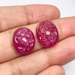 Ruby Carving Pair 13X15MM  -Pack of 2 Pieces - AAA Quality-  - Glass Filled Ruby Carving Oval Shape Cabs- weight 21-CT. code#15