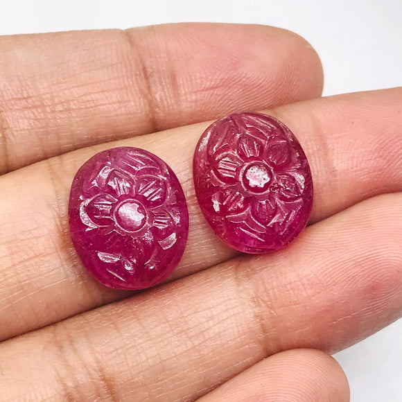 Ruby Carving Pair 13X15MM  -Pack of 2 Pieces - AAA Quality-  - Glass Filled Ruby Carving Oval Shape Cabs- weight 21-CT. code#15