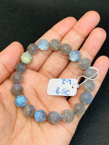 10MM Labradorite Carving Round Bracelet , Top Quality,25-Gm . Yellow and Blue Fire AAA Grade , Hand made carving, code-L2