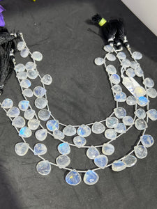 Moonstone 11-12 MM Faceted Heart Shape briolette ,Good quality stones with Blue Fire . Length 10 Inch ,AAA Grade, Mine from India