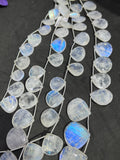 Moonstone 20MM Faceted Heart Shape briolette ,Good quality and transparent stones with Blue Fire . Length 10Inch ,AAA Grade, Mine from India