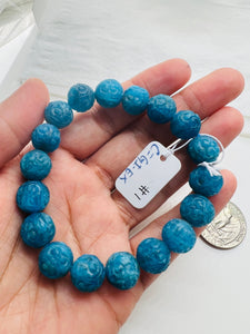 Neon Apatite Carving Bracelet, 12MM Carved Round Beads, length 7.5'' stretch bracelet .code #1