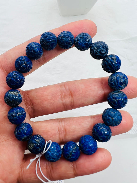 Lapis carving Bracelet 10MM Beautiful Blue Bracelet, Natural Lapis Round Beaded Bracelet , Gemstone carving beads