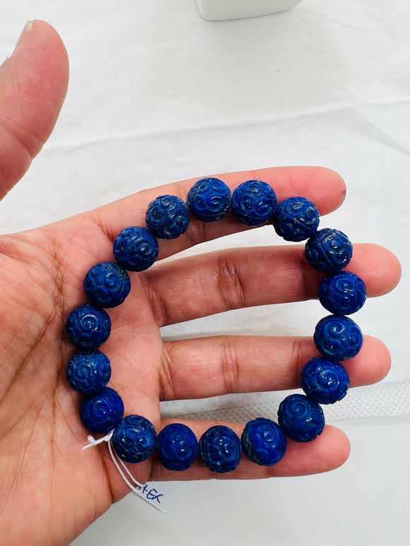 Lapis carving Bracelet 12MM Beautiful Blue Bracelet, Natural Lapis Round Beaded Bracelet , Gemstone carving beads