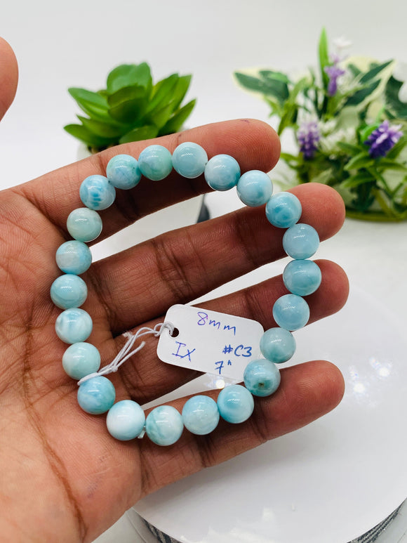 Larimar Bracelet 8 mm size Code# C3 • AAA Quality • Origin Dominican Republic • Natural Larimar Round bracelet- Length 7 Inch