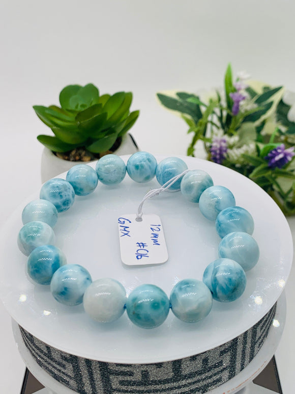 Larimar Bracelet 12 mm size Code# C16 • AAA Quality • Origin Dominican Republic • Natural Larimar Round bracelet- Length 7.5 Inch