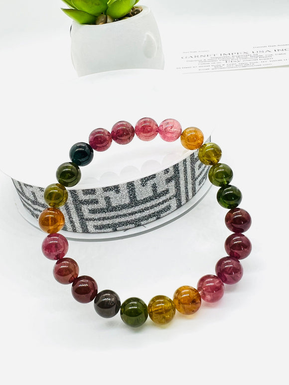 Multi Tourmaline 8MM Smooth Round beads. AAAA quality Bracelet . Natural Multi Tourmaline length 7.5