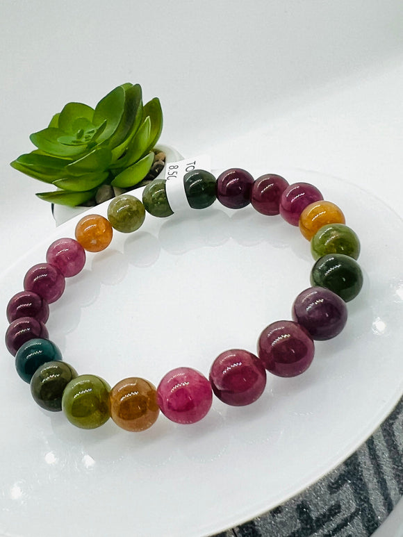 Multi Tourmaline 8.5MM Smooth Round beads. AAAA quality Bracelet . Natural Multi Tourmaline length 7.5