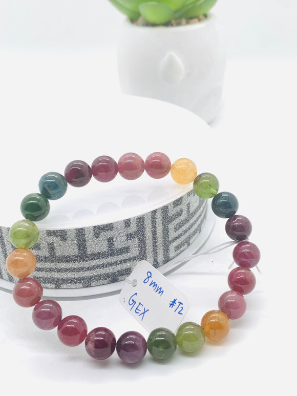 Tourmaline Bracelet 8 mm Size - Code# T2 - AAA Quality  Natural Multi Tourmaline - Length 7.5