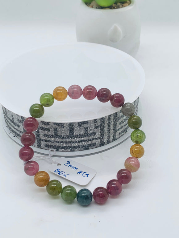 Tourmaline Bracelet 8 mm Size - Code# T5 - AAA Quality  Natural Multi Tourmaline - Length 7.5