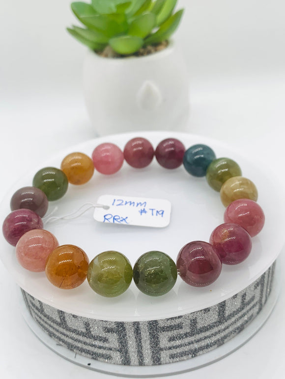 Tourmaline Bracelet 12 mm Size - Code# T19 - AAA Quality  Natural Multi Tourmaline - Length 7.5