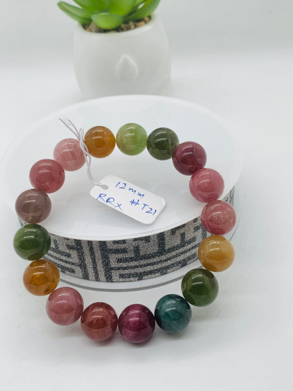 Tourmaline Bracelet 12 mm Size - Code# T21 - AAA Quality  Natural Multi Tourmaline - Length 7.5