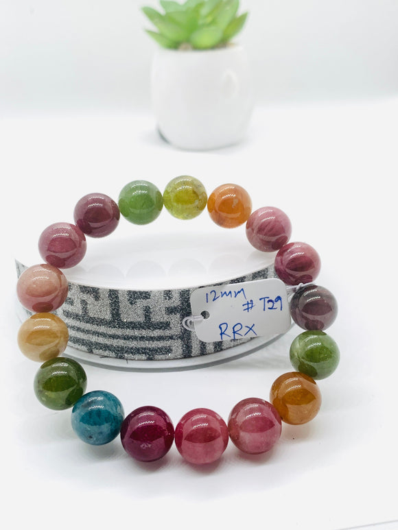 Tourmaline Bracelet 12 mm Size - Code# T29 - AAA Quality  Natural Multi Tourmaline - Length 7.5