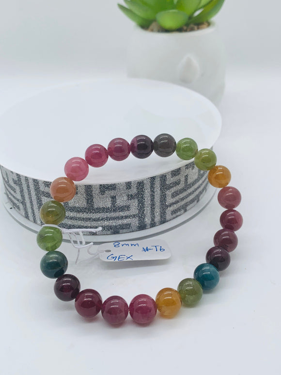 Tourmaline Bracelet 8 mm Size - Code# T6 - AAA Quality  Natural Multi Tourmaline - Length 7.5