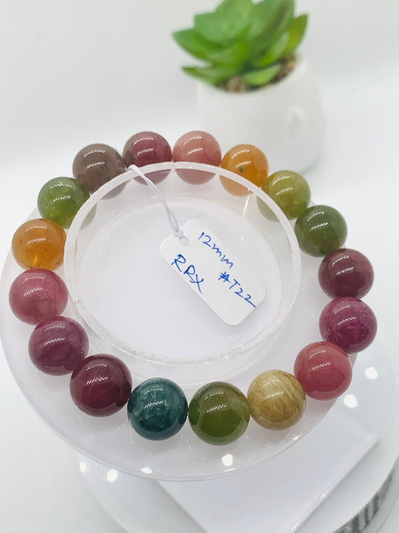 Tourmaline Bracelet 12 mm Size - Code# T22 - AAA Quality  Natural Multi Tourmaline - Length 7.5