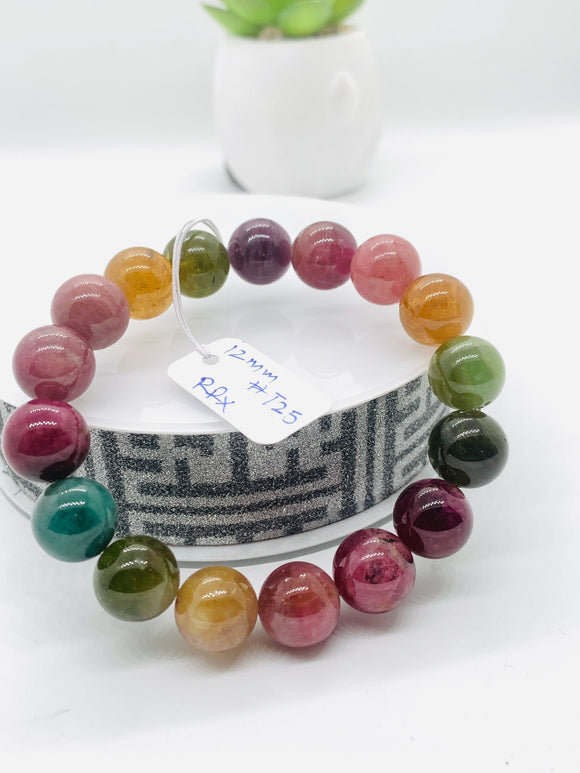 Tourmaline Bracelet 12 mm Size - Code# T25 - AAA Quality  Natural Multi Tourmaline - Length 7.5