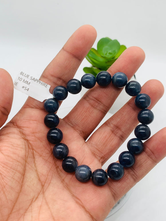 Blue Sapphire Bracelet 10 mm Size • Code # S4 • AAAA Quality • 7.5'' length • Natural Sapphire Beads • Sapphire Round Bracelet