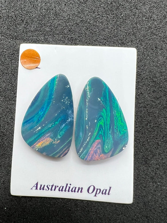 Australian Opal Matched Pair Cabs, AAA Quality, Australian Opal doublet Cabochon, flat bottom.