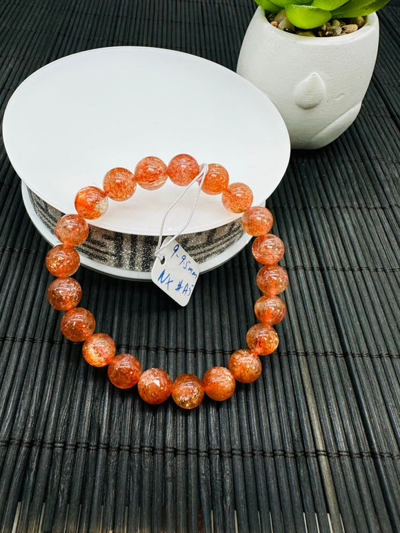 Sunstone Bracelet 9-9.50 mm size- Code #A5  - Natural Sunstone Beaded Bracelet - Length 7.5 Inch