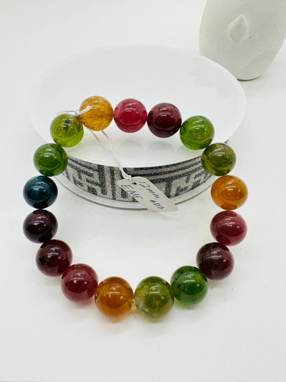 Tourmaline Bracelet 12 mm Size - Code#D3 - 4A Quality  Natural Multi Tourmaline Round Bracelet - Length 7.5