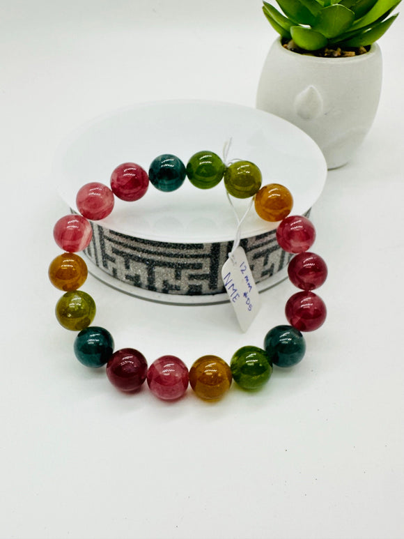 Tourmaline Bracelet 12 mm Size - Code#D5 - 4A Quality  Natural Multi Tourmaline Round Bracelet - Length 7.5