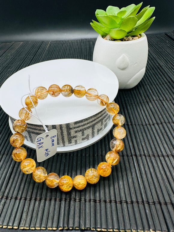 Golden Rutile Round Bracelet • 8 mm Size • Code G5 • 4A Quality • Natural Rutilated Quartz Bracelet