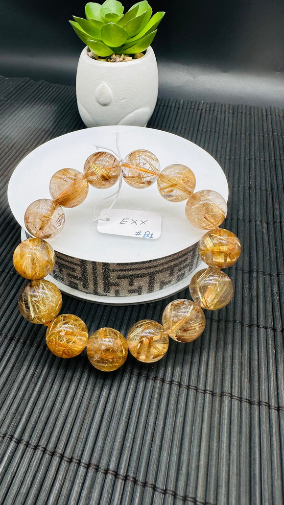 Golden Rutile Round Bracelet • 16 mm Size • Code B1 • 4A Quality • Natural Rutilated Quartz Bracelet