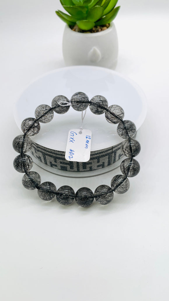 Black Rutile Bracelet • 12 mm Size • Code #A12 • AAAA Quality • 7.5 Inch Length • Natural Rutilated Quartz  • Rutile Bracelet