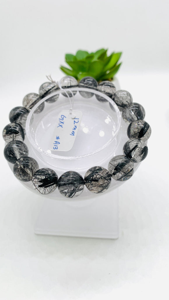 Black Rutile Bracelet • 12 mm Size • Code #A13 • AAAA Quality • 7.5 Inch Length • Natural Rutilated Quartz  • Rutile Bracelet